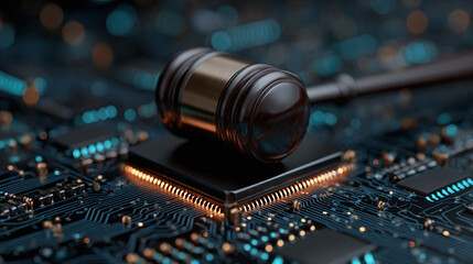 neon lit gavel resting on electronic circuit board illustrating artificial intelligence compliance systems regulatory governance business integrity and digital risk management
