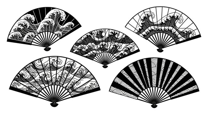 Set of Japanese Fans with Wave Patterns, Black and White