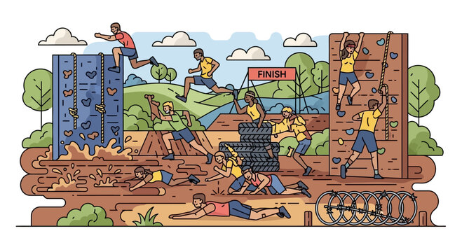 Obstacle Course Race: Mud Run Challenge with Diverse People Overcoming Hurdles