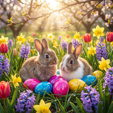 Two Adorable Easter Bunnies Nestled Among Vibrant Spring Flowers and Colorful Eggs in a Sunny Garden