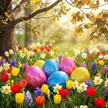 Vibrant Easter Eggs Nestled Among Colorful Spring Flowers in a Sunny Garden with Lush Greenery and Blooming Trees