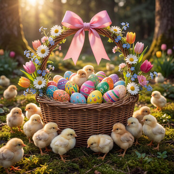 Charming Easter Basket Overflowing with Vibrant Decorated Eggs and Fluffy Chicks, Surrounded by Spring Flowers in a Sunlit Forest.