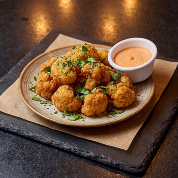 Golden Fried Cauliflower Bites with Creamy Dipping Sauce on a Rustic Plate and Dark Slate Surface for a Delicious Appetizer