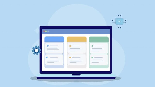 Flat vector animation of laptop dashboard with gear settings and virus icon representing cybersecurity monitoring, malware protection, and digital system security management.