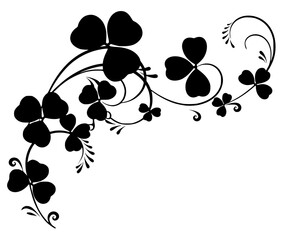 A black vector graphic featuring stylized clover or shamrock vines. This decorative floral border includes elegant swirls and organic curves, making it ideal for St. Patrick's Day themes.  © Suriya