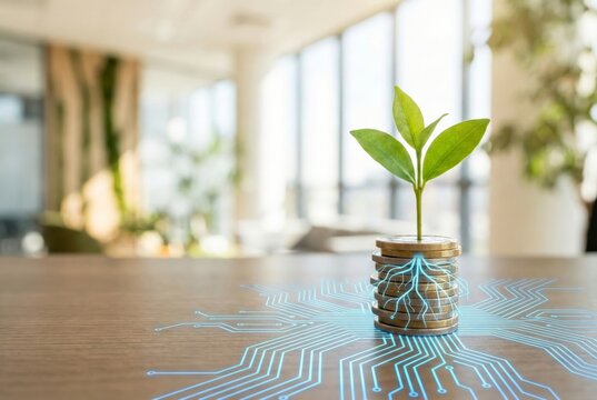 Minimalist green plant growing from a stack of coins with glowing blue digital roots representing sustainable fintech investment