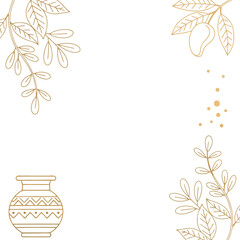 Obraz premium Traditional Indian Festival Golden Line Art Frame with Auspicious Kalash Pot, Mango Leaves, and Decorative Dots