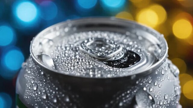 Close-up of a refreshing cold aluminum can covered in water droplets