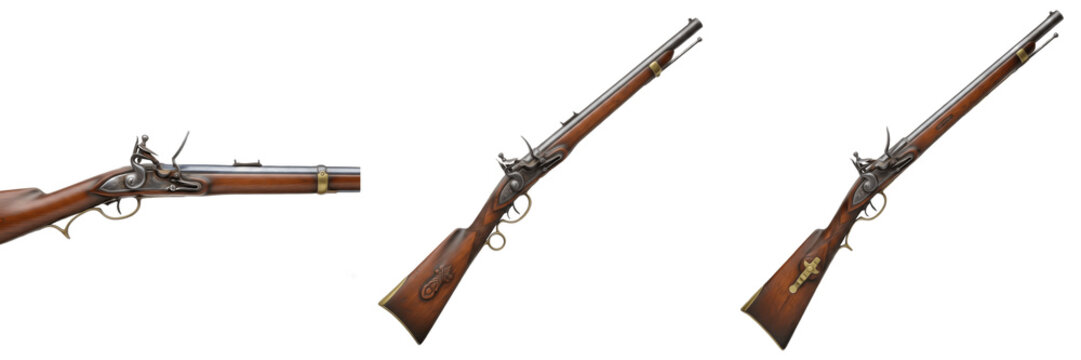 Set of Antique Flintlock Muskets and Vintage Rifles with Wooden Stock Isolated on White Background