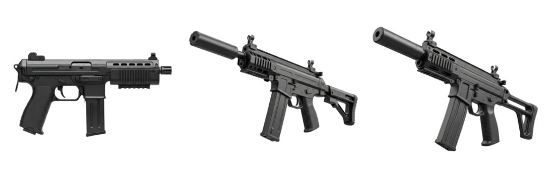 Modern tactical submachine guns and carbines isolated on white background