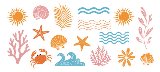 Fototapeta premium Hand Drawn Summer Vintage Sticker Set with Boho Palm Tree, Sun, Sea Waves, Seashells, Coral, and Crab in Naive Groovy Style – Tropical Surf Club Vacation and Travel Concept Vector Collage Elements for