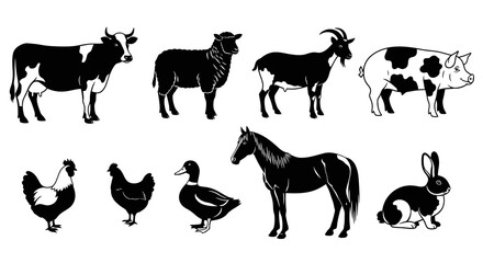 Naklejka premium Black and White Farm Animals Icons Set for Agriculture and Farming