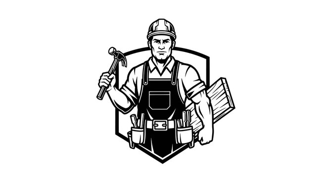Retro Carpenter Builder Man with Hammer  Wood Logo in Black  White Vector Art