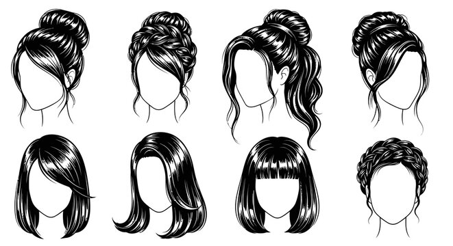 Elegant Women's Hairstyles Black  White Line Art Illustration Set for Beauty  Fashion