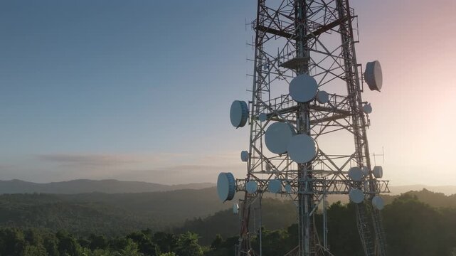 Aerial view of the Waitakere Ranges radio transmission tower in Auckland, New Zealand. The tower provides broadcast services to the region.