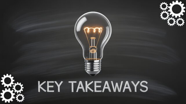 Illuminated light bulb above key takeaways text symbolizes bright ideas and essential learning points on a blackboard.