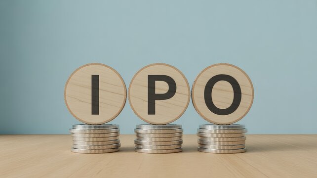 Initial public offering concept represented by wooden letters IPO on stacks of coins showing investment and financial growth strategy.