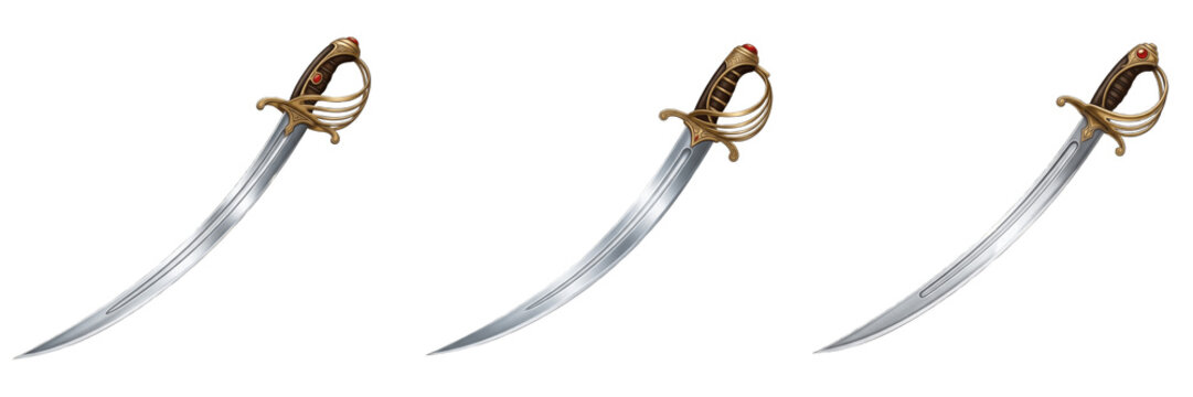 Set of antique pirate scimitars and curved naval sabers isolated on transparent png background