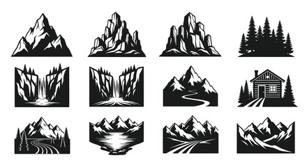 Fototapeta premium Outdoor Adventure Mountain Landscapes Monochrome Vector Emblems Set