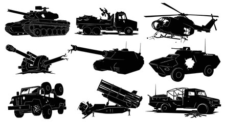 Obraz premium Military Combat Vehicles Black White Line Art Silhouettes Collection
