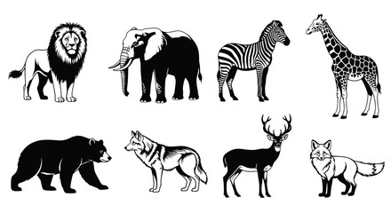 Obraz premium Black White Stylized Wild Mammals Vector Art Icons Set for Nature Wildlife