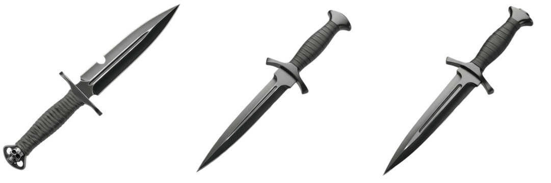 Set of tactical military daggers and combat knives isolated on transparent png background