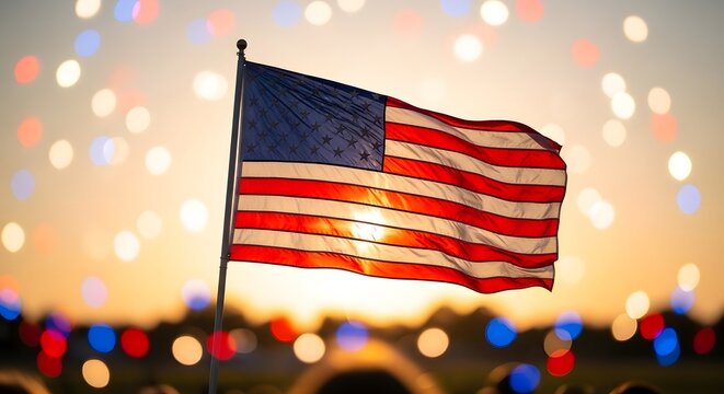 Flag day celebration with american flag waving on a starry night sky background