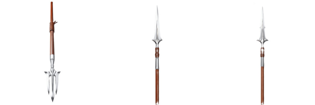Set of Medieval Spears and Fantasy Polearms with Wooden Shafts Isolated on White Background
