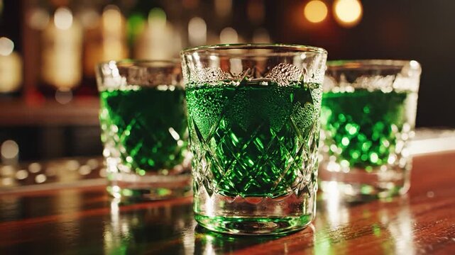 Three shot glasses filled with vibrant green liquid sit on a polished bar