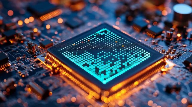 Close view of a computer chip with circuit board in a dark setting showing lights and connections in an electronic device