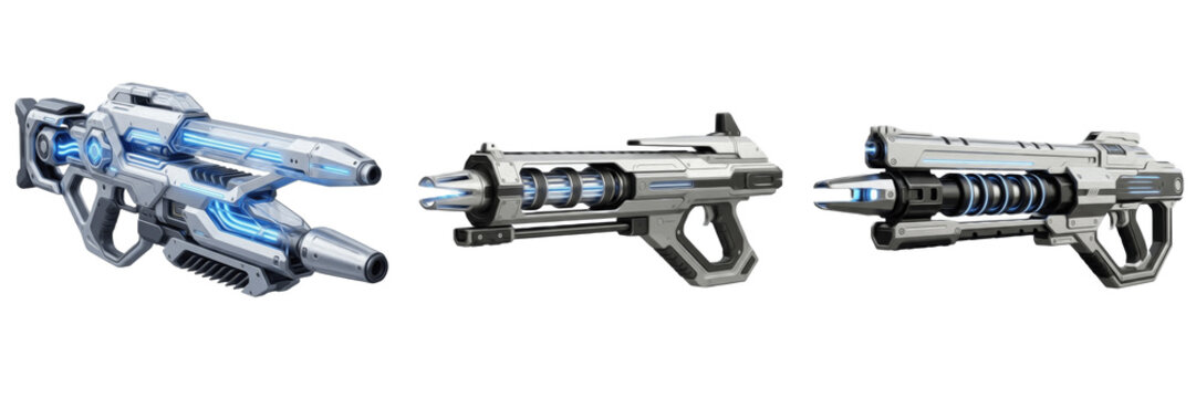 Set of futuristic sci-fi laser blasters and plasma rifles isolated on transparent png background