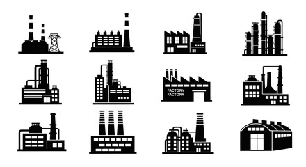 Fototapeta premium Industrial Factory Buildings Glyphs Collection - Black and White Manufacturing Plant Icons