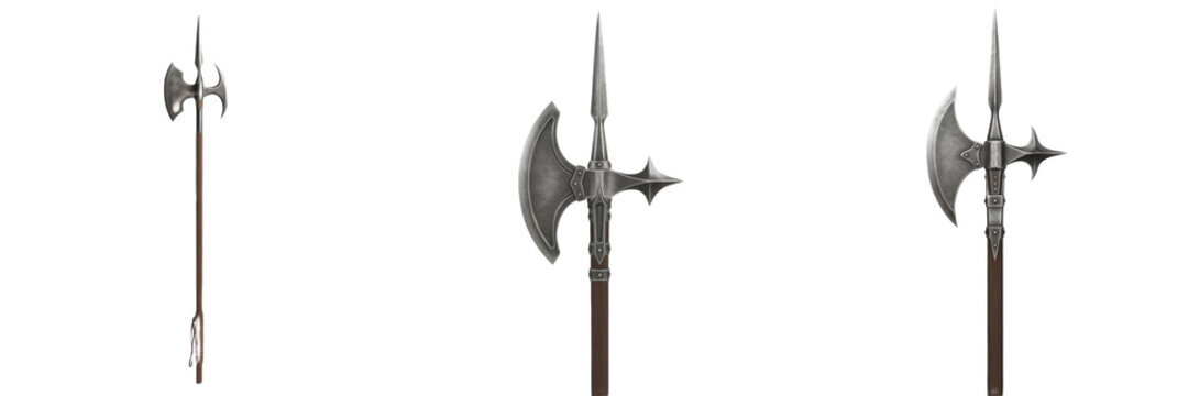 Set of Medieval Halberds and Poleaxe Weapons Isolated on White Background - 3D Render of Ancient European Battle Axe with Spear Tip for Historical and Fantasy Concepts