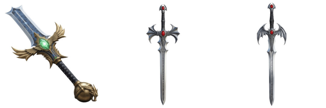 Set of fantasy medieval swords and magic longswords isolated on transparent png background