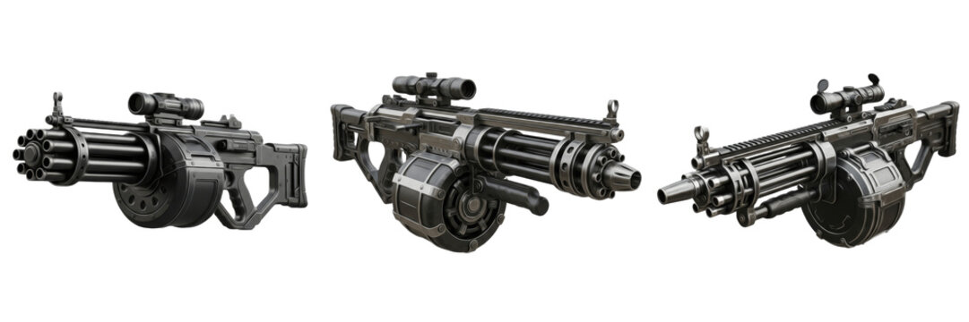 Set of Futuristic Heavy Machine Guns and Sci-Fi Gatling Guns Isolated on White Background - 3D Render of Military Weaponry with Rotating Barrels and Scopes for Gaming and Action Concepts