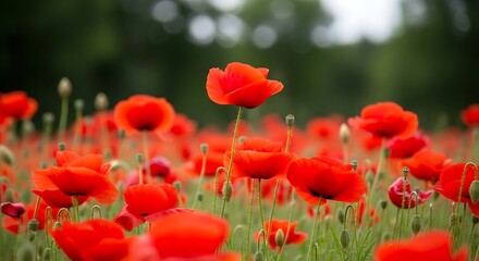 Fototapeta premium Vibrant red poppies in full bloom, creating a stunning natural landscape on a sunny day