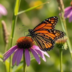 Monarch Butterfly on Purple Coneflower in Summer Garden.