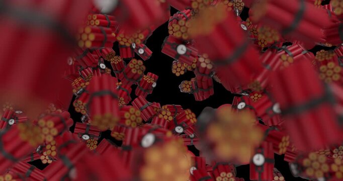 Dynamic 3D animation featuring stylized dynamite bundles falling across the screen. Transparent background with alpha channel, ideal for dramatic motion graphics and action themed video edits.
