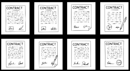 Obraz premium Black and White Line Art Contracts with Signatures and Seals, Business Document Vector