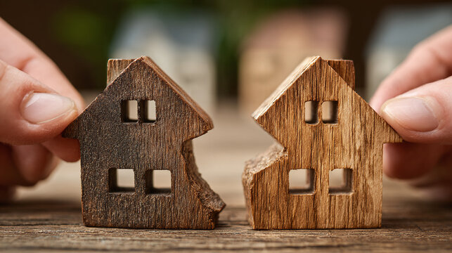 property division concept showing hands pulling apart two wooden houses to illustrate divorce settlement real estate separation legal dispute and split home ownership