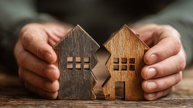 property division concept showing hands pulling apart two wooden houses to illustrate divorce settlement real estate separation legal dispute and split home ownership