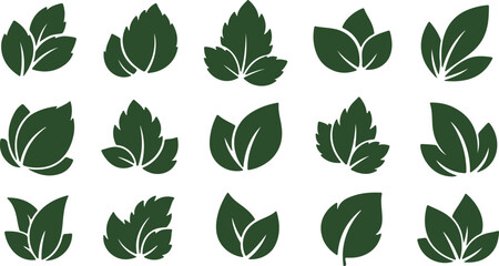 Collection of dark green leaf icons in various styles.