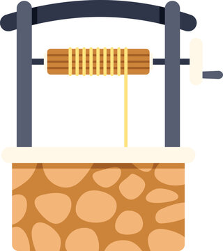 Stone water well featuring a rope and wooden windlass for drawing water