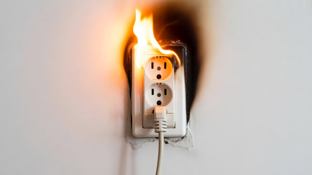 Damaged electrical outlet sparks and burns within a white wall