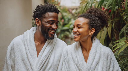 happy couple in white bathrobes enjoying spa retreat with smiles and peaceful connection representing wellness intimacy relaxation body care and healthy lifestyle