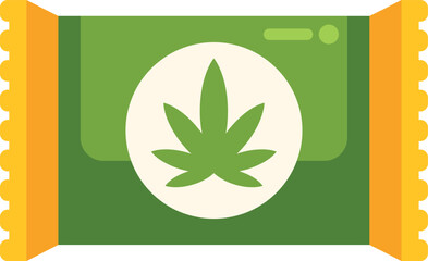 Naklejka premium Green and yellow package containing a cannabis leaf symbol, representing marijuana edibles