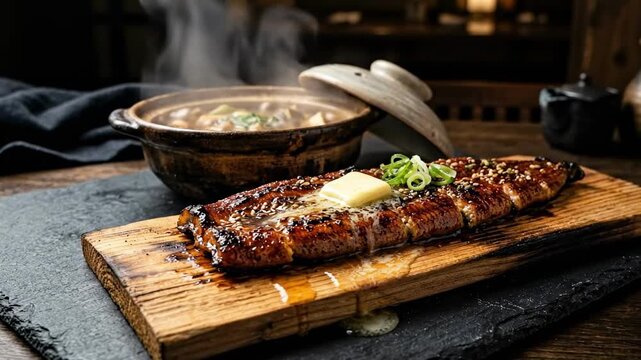 A beautifully plated grilled unagi fillet, glossy and garnished with green onions and a pat of butter, served on a wooden board beside a steaming pot of savory soup
