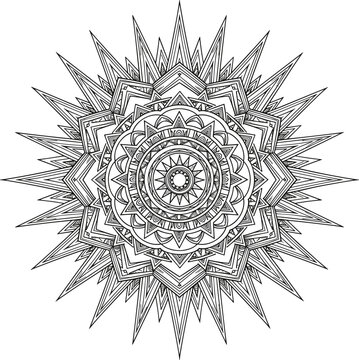 Complex geometric mandala illustration, starburst concentric layers, sharp symmetrical black‑and‑white decorative artwork for meditation, coloring, mindfulness, and creative design