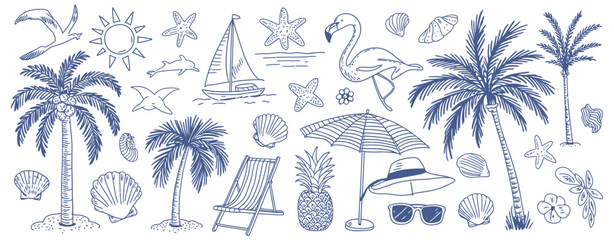 Obraz premium Summer Beach Doodle Vector Set with Coastal Vacation Drawings, Hand Drawn Palm Trees, Sun, Boat, Seashells and Ocean Elements – Cute Tropical Holiday Illustration for Graphic Backgrounds, Posters and 