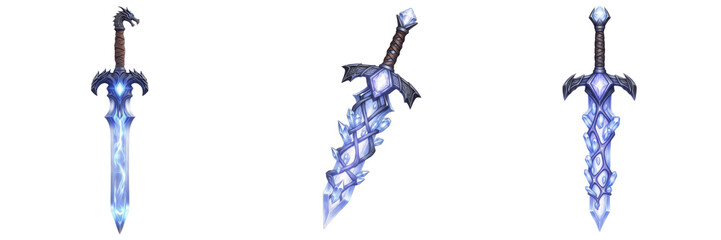 Title: Magical fantasy sword with glowing crystal blade isolated on white background png